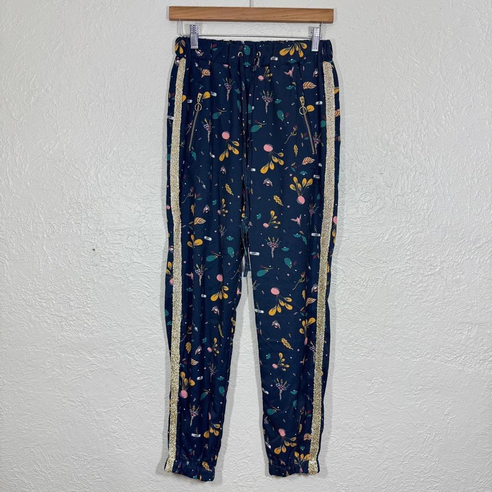 LaBellum Hillary‎ Scott Pants XS Pull On Joggers Navy Gold Trim Indie Artsy Boho